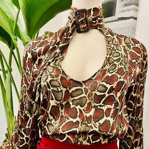 Zara Animal Print Top with Buckle - Red and Brown